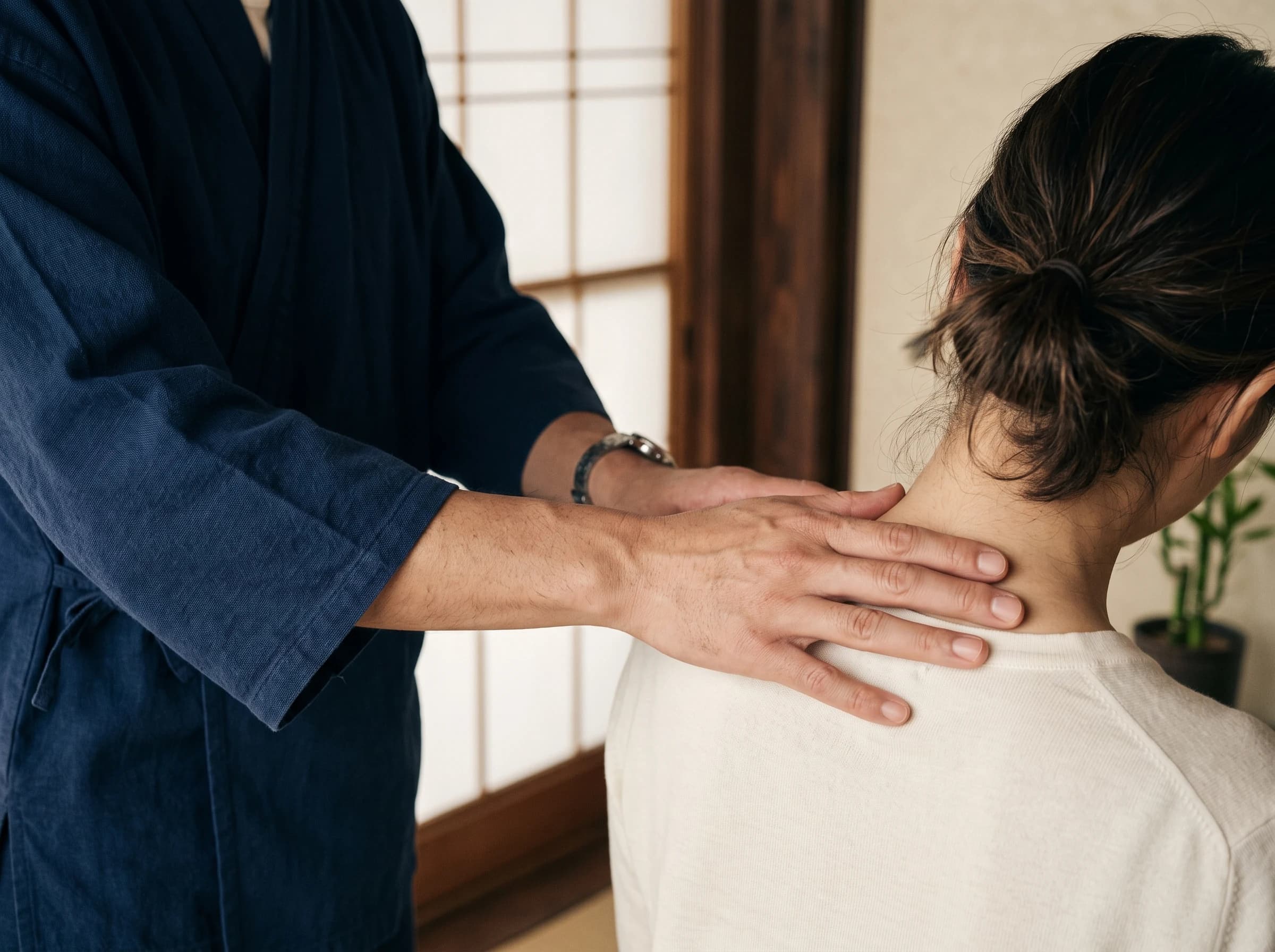施術者が利用者の首や肩に手を添える